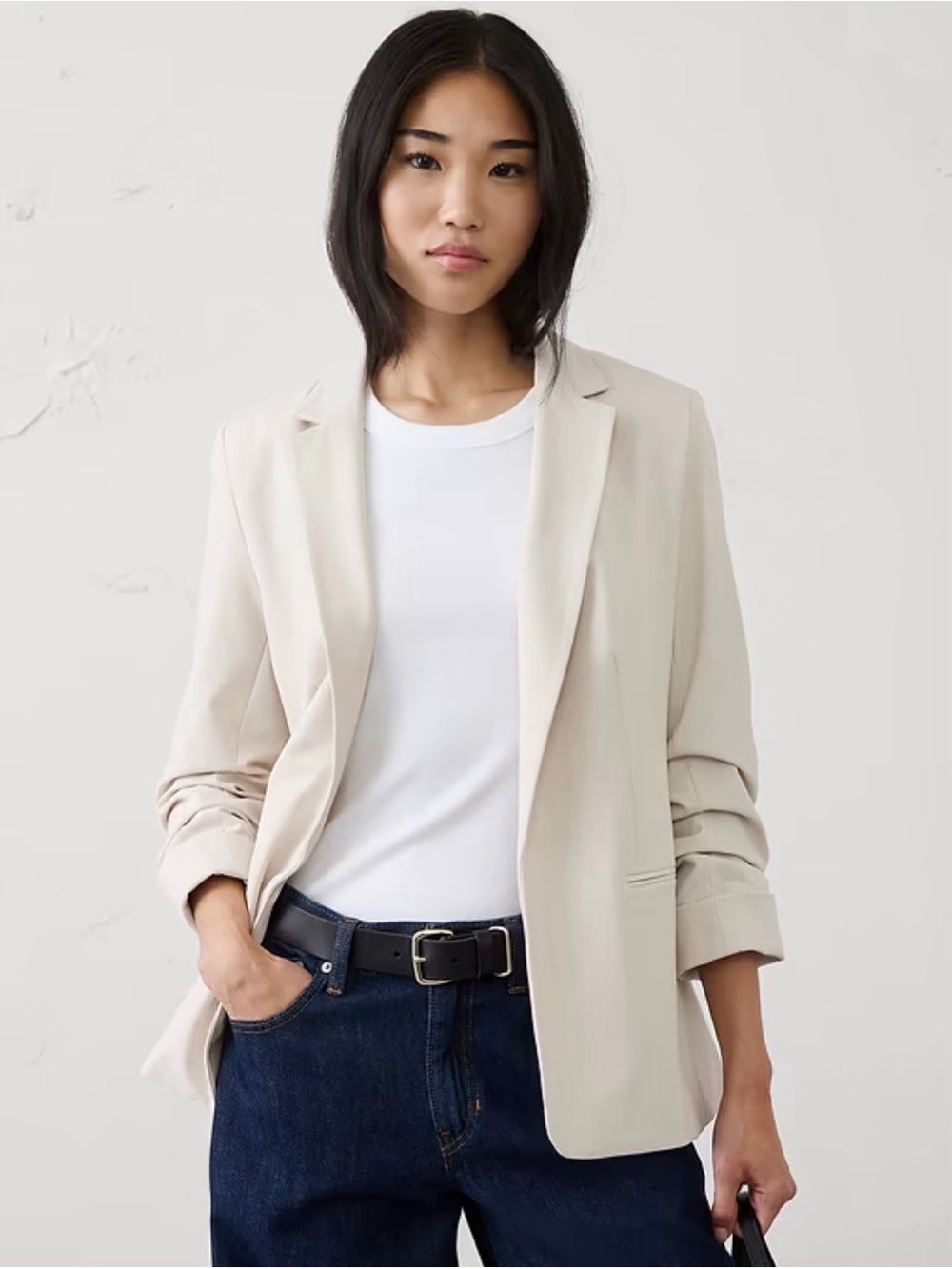 Banana Republic Light Beige Ruched Sleeve Blazer